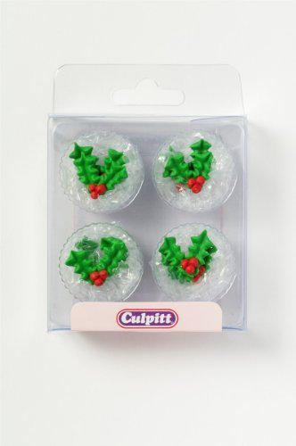 Culpitt Holly & Berry Sugar Pipings, Edible Royal Icing Decorations, Festive Christmas Cake and Cupcake Toppers - Pack of 12