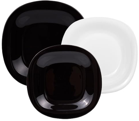 Luminarc Carine Servizio da Tavola, Forma Quadrata, Vetro, Bianco/Nero, 18 Pezzi