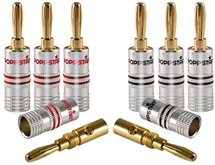 Poppstar 8X High End Bananenstecker, (bis 4 mm² verschraubt, verlötet 6 mm², 24k vergoldet, Aluminium-Gehäuse, 4X schwarz, 4X rot)