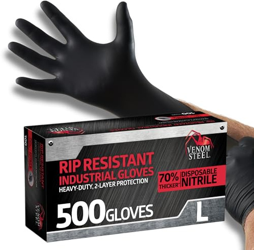 Venom Steel VEN6543 Nitrile Gloves, Rip Resistant Disposable Latex Free Black Gloves, 2 Layer Gloves, 6 mil Thick, Large (Pack of 500)