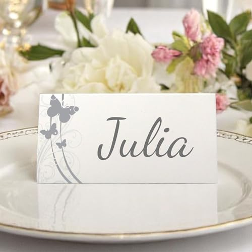 EinsSein 50x Tischkarten Liebesfalter silber Platzkarten Tischkärtchen Hochzeit Namenskarte Glasanhänger Taufe Namenskarten Deko Silberhochzeit Schmetterlinge Herz Kommunion Party Namen