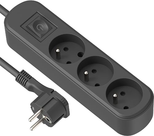 Electraline 32050 Bloc Multiprises 3 prises, interrupteur et fiche Plate - 1,5m, noir