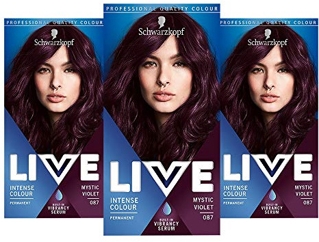 Schwarzkopf Live Intense Colour Purple Hair Dye, 3-Pack Permanent Colour & Built-In Vibrancy Serum, 087 Mystic Violet
