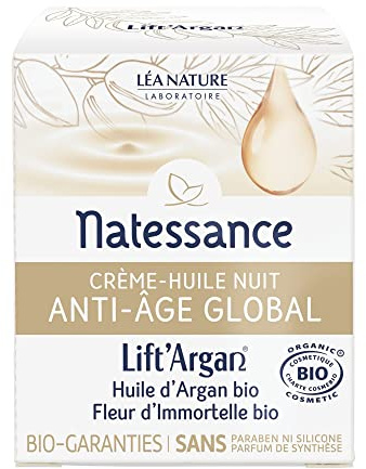 Natessance | Crème-Huile Nuit Anti-Âge Global – Lift’Argan | Lutte contre le vieillissement cutané : rides, fermeté, éclat | Tous types de peaux | 98% d’origine naturelle| Certifié Bio |50 ml
