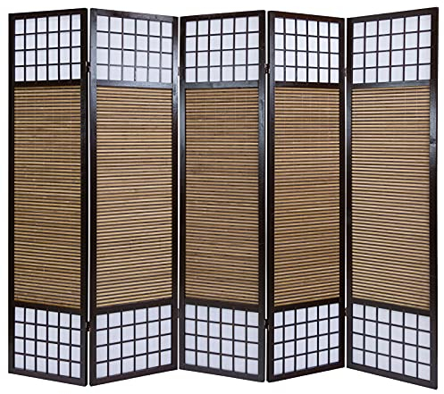 Homestyle4u 90, Paravent 5 teilig Bambus Holz Dunkelbraun Sichtschutz Shoji Raumteiler