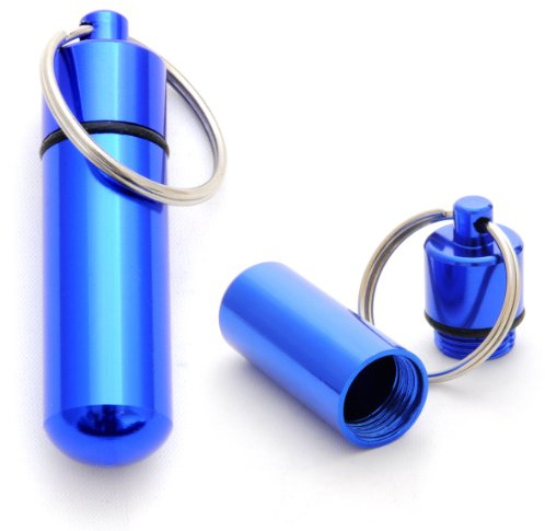 Ganzoo Aufbewahrungskapsel als Schlüsselanhänger, Pillendose im 2er Set, Aluminium, wasserdicht mit Schraubverschluss und Gummidichtung, Blau, 48 mm, Außendurchmesser 14 mm, Innendurchmesser 11 mm