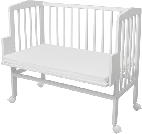 Waldin Beistellbett mit Matratze, höhen-verstellbar, Holz weiß lackiert,Große Liegefläche 90x55cm