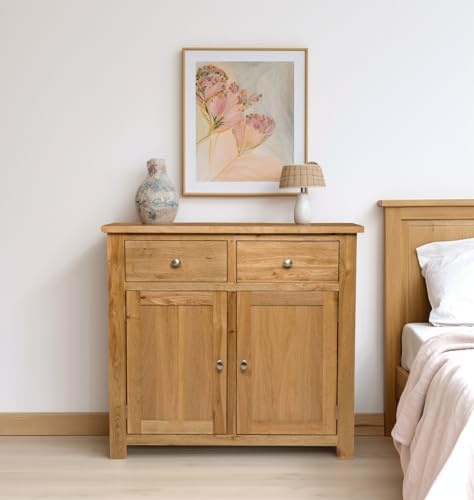 Hallowood Furniture Waverly Oak Small Sideboard with Drawers & Cupboard | Wooden Cabinet with Cupboard and Adjustable Internal Shelf, Sideboards for Living Room, Bedroom or Dining Room, Oak Furniture
