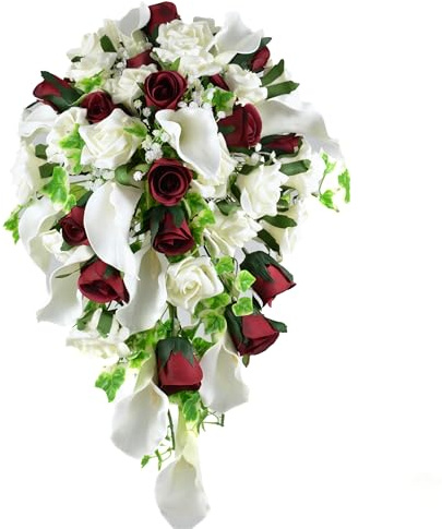 Artificial Wedding Flowers Hand-made by Petals Polly, BRIDES SHOWER BOUQUET, IVORY/BURGUNDY ROSES/CALLA LILIES, Deep Red, Claret
