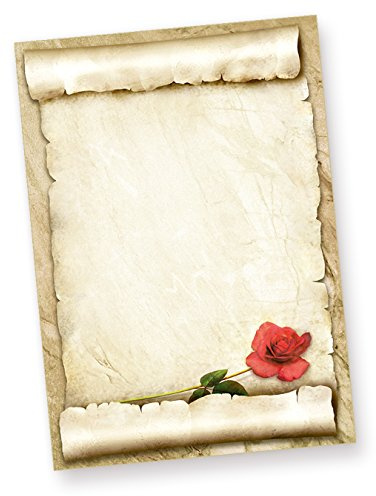TATMOTIVE Briefpapier Rote Rose 250 Blatt Liebesbriefe | Beidseitig bedrucktes Motivpapier mit Pergamentrolle, DIN A4 Format, 90g/qm Offsetpapier für persönliche Schreiben