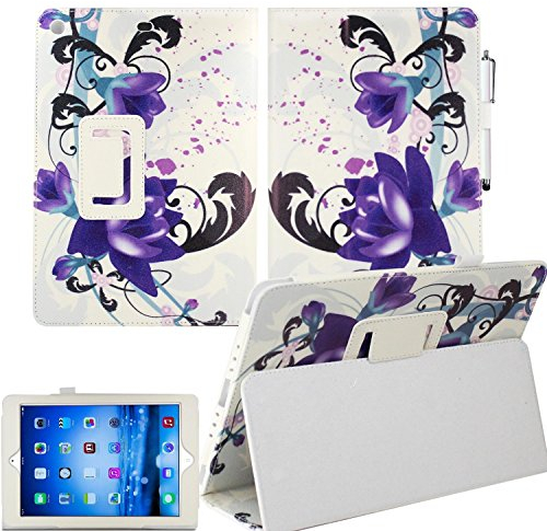 Gadget Giant® Nueva auténtica marrón piel de ante serie lujo Feel Smart Cover tipo libro función de atril para el nuevo iPad Air iPad 5 con función de reposo – flores dos flores, color morado iPad Air/iPad 5 Case & LCD Protector de pantalla para iPad Air