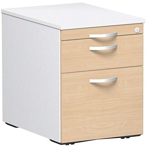 Geramöbel Rollcontainer Hängeregistratur und 1 Metall-Schubfach, mit Utensilienschubfach, Metall-Rollschubführung, Zentralverriegelung, verdeckte Doppel-Lenkrollen, 438x600x565, Ahorn/Weiß