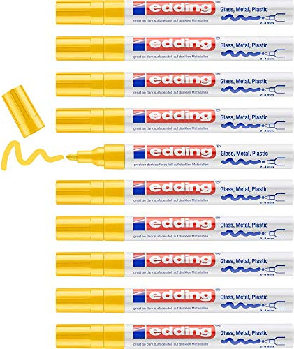 edding 750 Glanzlackmarker - gelb - 10 Lackmarker - Rundspitze 2-4 mm - Lackstift für Glas, Stein, Holz, Kunststoff und Papier - wasserfest, stark deckend