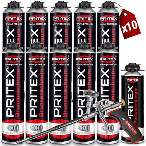 PRITEX Brunnenschaum Set, 10x 750ml Pistolenschaum, Reiniger, Pistole