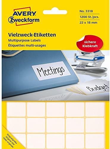 Avery Zweckform 3318 Haushaltsetiketten selbstklebend (22x18mm, 1.200 Aufkleber auf 30 Bogen, Vielzweck-Etiketten für Haushalt, Schule und Büro zum Beschriften und Kennzeichnen) blanko, weiß
