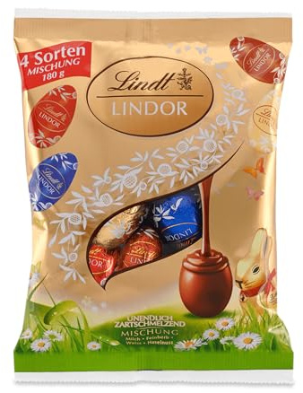 Lindt Schokolade LINDOR Eier Mix | 180 g | LINDOR Eier mit zartschmelzender Füllung in den Sorten Milch, Haselnuss, Weiß, 45% Feinherb | Oster Schokolade | Schokoladengeschenk | Ostereier | Schokoeier