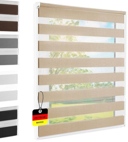 Doppelrollo Klemmfix ohne Bohren Sand 100x140 cm [Stoffbreite 96cm] | Duo Rollo Fensterrollo für Fenster/Türen Gardine Klemmrollo Seitenzugrollo Sichtschutz Sonnenschutzrollo Zebrarollo