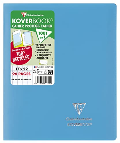 Clairefontaine 951412C - Schulheft / Kladde Koverbook 17x22 cm, 48 Blatt 90g, französische Lineatur, Einband aus blickdichtem Polypropylen, 2 Klarsichthüllen, robust, geheftet, Türkis, 1 Stück