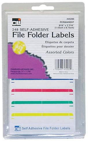 Charles Leonard File Folder Labels, Self-Adhesive, 0.56 x 3.43 Inches, Assorted, 248-Count Box (45200)