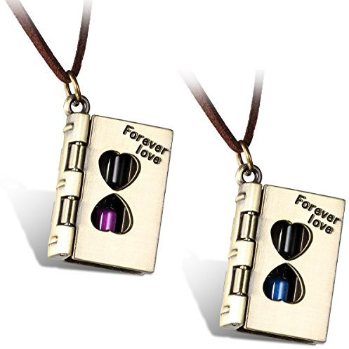 JewelryWe Schmuck Samtseil Kette mit öffenbarem Forver Love Sanduhr Liebesbrief Partner Anhänger, Pullover Halsketten Partnerketten für Damen und Herren, Länge 80cm Verstellbar