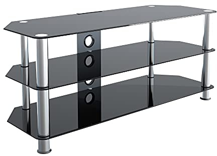 MAHARA Glass Corner TV Stand – Universal Black Glass TV Unit 114cm wide with Glass Shelves and Cable Management – TV Floor Stand Suitable for up to 55” TVs and Max Weight 45kg