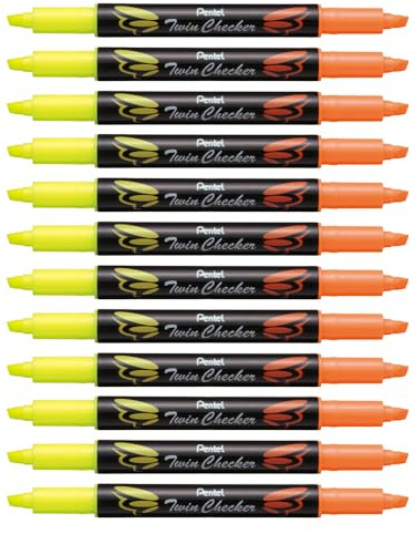 Pentel SLW8-GF Textmarker Twin Checker, zweifarbig, 12 Stück, gelb-orange