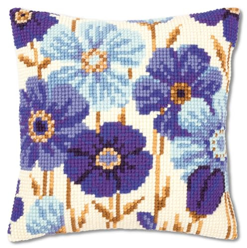VERVACO Kit Cuscino Punto Croce ANEMONI Blu Set Ricamo Principianti Cuscini Gobelin Decorativi ca. 40 x 40 cm Accessori per Lavoretti Creativi DIY Casa Decor Hobby Adulti Cross Stitch