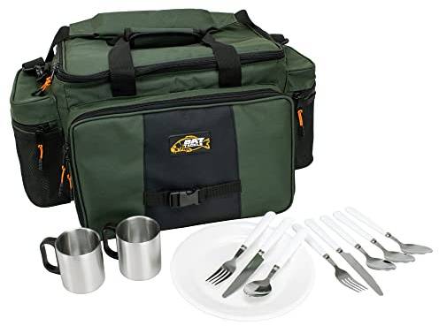 BAT-Tackle Diner Carryall Bag – Thermoisolierte Kühltasche inkl. vollständigem Geschirr- & Besteckset – Picknicktasche für Angler & Camping – 53x28x28cm – Olivgrün – Outdoor Besteckset & Teller