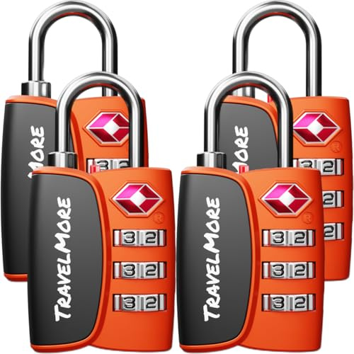 TSA-Schlösser mit Öffnungs-Alarmanzeige | TSA-Kofferschloss für Flugreisen | Zahlenschlösser mit Open-Alert-Anzeige | Gepäckschlösser für Koffer, Rucksack, Gepäck | 4 Stück, Orange