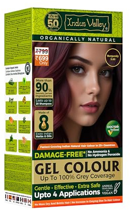 Indus Valley Natural Organic Damage Free Gel Hair Color | Ammonia Free, Vegan & Cruelty Free | Up to 100% Gray Coverage, Long Lasting Results |Burgundy (20gram+200ml)