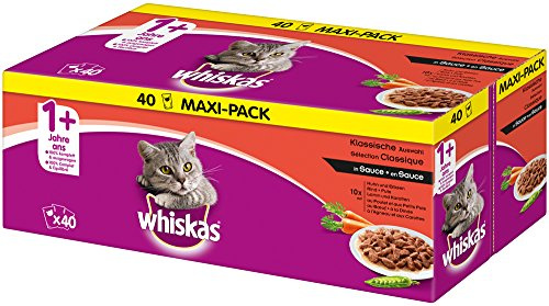 Whiskas 1 + Katzenfutter – Klassische Auswahl in Sauce – Hochwertiges Nassfutter – Für eine glückliche Katze – 40 Portionsbeutel à 100g