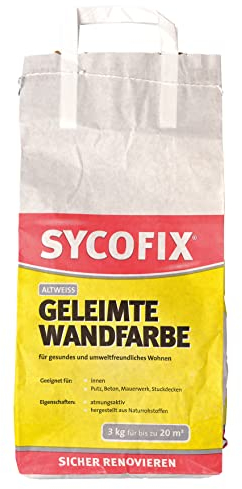SYCOFIX Geleimte Wandfarbe 3 kg, Leimfarbe für umweltfreundliche, matte Wand- und Deckenanstriche auf Putz, Beton, Mauerwerk, Restaurierung historischer Stuckdecken, Trockenfarbe, weiß