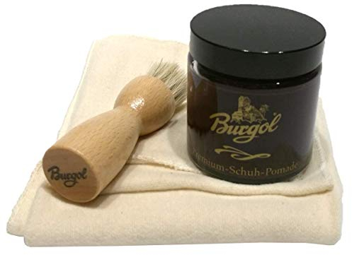 Schuhpflegeset mit Burgol - Schuhpomade Bordeaux Tiegelbürste zum Auftragen und Baumwolltuch