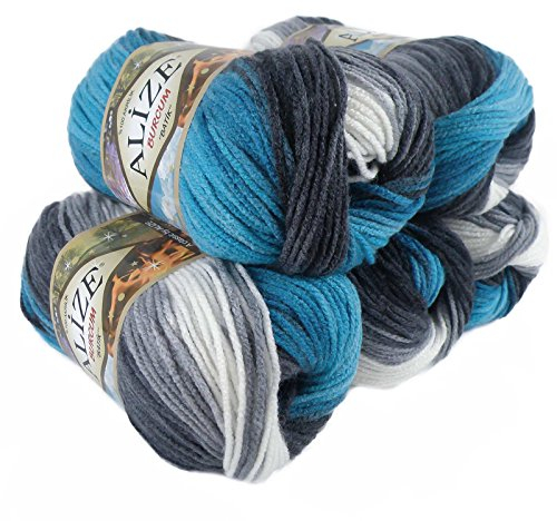 500g Strick-Garn ALIZE BURCUM Batik Strick-Wolle Handstrickgarn, Farbe wählbar, Farbe:4200 weiß-grau-blaugrau-blau
