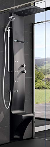 Duschsäule Novellini Dress Plus, Hydromassage, Thermostat, Farbe Schwarz, Regal, Handbrause, Wasserfall, Duschkopf 20 x 20 cm, Sitz montierbar an der Wand, Größe 28 x 55 x 213 cm