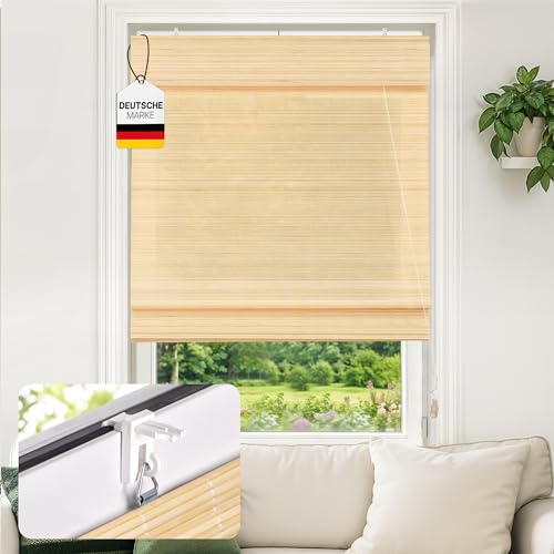 Victoria M. Klemmfix Bambus Raffrollo Sonnenschutz Sichtschutz Rollo Seitenzugrollo ohne Bohren, für Fenster und Türen, 140 x 160 cm, Natur