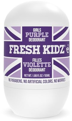 Fresh Kidz Roll On Deodorant for Kids and Teens - Baking Soda and Aluminum-free 24 Hour Protection for Sensitive Skin - Girls Purple 1.86 fl.oz.