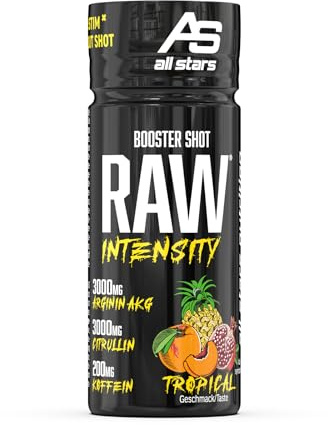 ALL STARS RAW Intensity Pre-Workout Booster Shot 16 x 60ml Tropical | Trainings-Drink mit 200mg Koffein & wertvollen Aminosäuren, enthält 14.600mg BCAAs, fett- und zuckerarm
