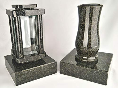 designgrab Set Grablampe Modern 25,5 cm & Granitvase 25 cm mit Granitsockel – massiv, hochwertig & poliert – Nero Impala – anthrazit-schwarz