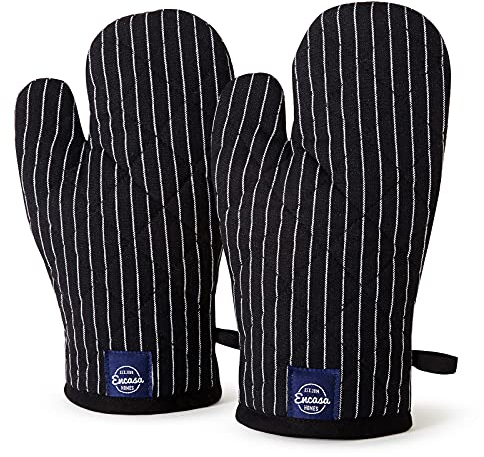 Encasa XO Long 18x30 cm Oven Microwave Hand Gloves Mitts (2 pc set) for Kitchen Cooking & Baking - Heat Resistant, Thick & Safe, Protection of Hands from Hot Utensils, Grill - Butcher Stripes Black
