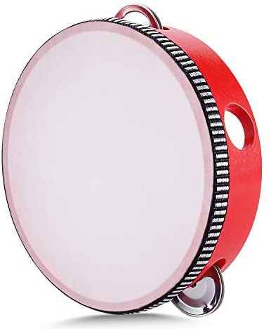 Flexzion Tamburin, Handtrommel mit Handgriff - 15cm, Schellenkranz in Mond-Form aus Holz, Musik Schlaginstrument, 1-reihige Schellenring mit 4 Paar Metall Schellen, Schlagzeug für KTV & Party, Rot