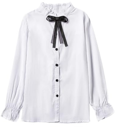 SOLOCOTE Blusa Scolastica in Cotone per Ragazze con Bottoni, Maniche Lunghe a Campana, Colletto a Pieghe e Fiocco per Primavera Estate Bianco 11-12 Anni