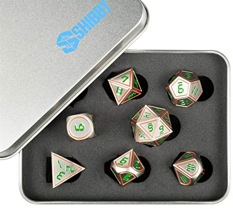 shibby 7 polyedrische Metall-Würfel für Rollen- und Tabletopspiele in Digital Optik D3 inkl. Aufbewahrungsbox