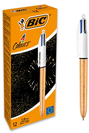 BIC 4 Farben Kugelschreiber, mittlere Spitze (1,0 mm) – Korpus strukturiert, goldfarben, elfenbeinfarben, 12 Stück