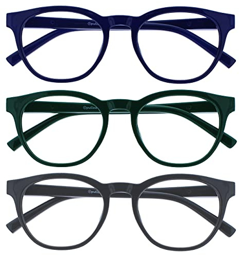 OPULIZE BLU Blaulichtfilter Lesebrille für Damen Herren, Blendfreie UV400-Schutz Federscharnier Anti-Müdigkeit, Runder Rahmen, Computerbrillen Gaming, 3er-Pack Blau Grün Grau +3,00