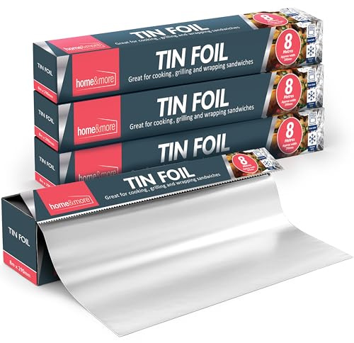 SOL 4pk Tin Foil 32m in Total - 8m x 29cm Large Size - Non-Stick Tin Foil for Wrapping, Grilling, BBQ & Baking – Heavy-Duty Silver Cooking Foil with Cutter