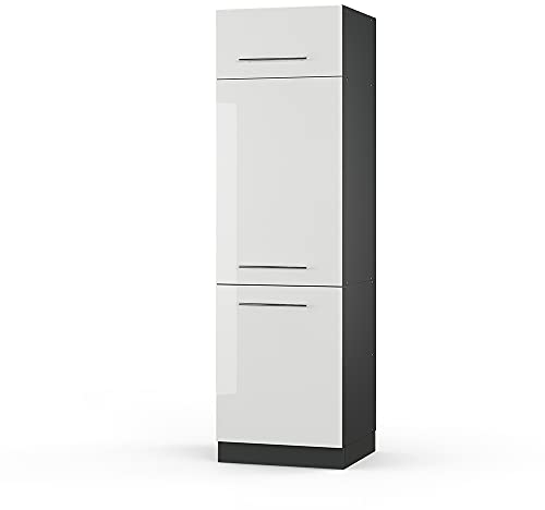 Vicco Kühlumbauschrank Fame-Line, Hochschrank für die Küche, Weiß Hochglanz/Anthrazit, 60 cm