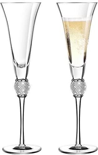 2 Pieces Rhinestone Champagne Flutes Wedding Toasting Glasses 7 Oz Rim Diamond Wine Glasses Long Stem Glassware for Wedding, Parties, Anniversary Supplies (Silver)