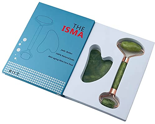 THE ISMA Jade Roller für Gesicht und Gua Sha Set - Beauty Kosmetik Gesichtshaut Roller Massager Werkzeug - Original Handarbeit Natürliche grüne Jade
