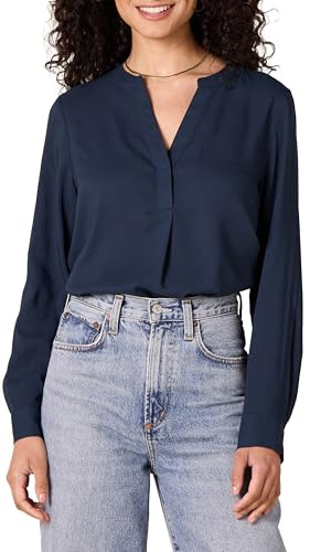 Amazon Essentials Women's Georgette Long Sleeve Relaxed-Fit Popover Blouse, Business Casual, Office Work, Navy, Medium